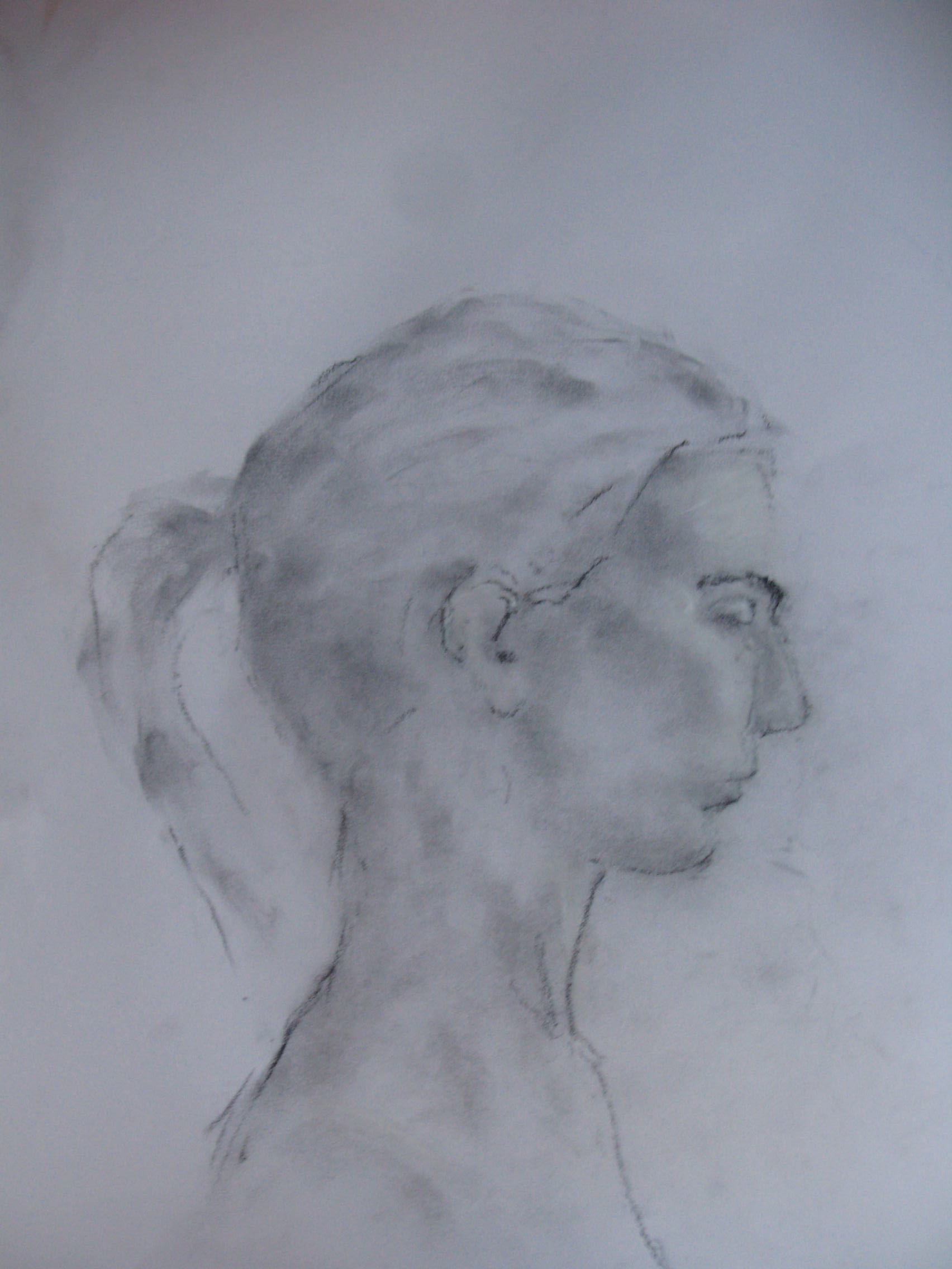 Shona, charcoal dust, white chalk on paper